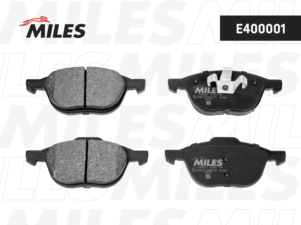 E400001-MILES Колодки тормозные передние (без датчика) (Смесь Low-Metallic) FORD FOCUS II 04-/III 10-/MAZDA 3 03-/ VOLVO S40 04- (TRW GDB1583) E400001 MILES — изображение 1